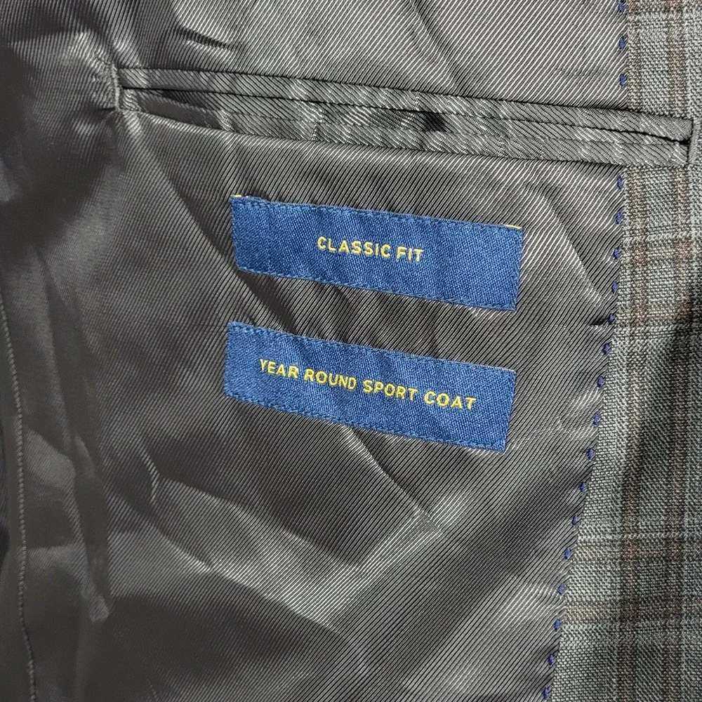 Stafford Men's Sport Coat Blazer Two Button Gray Brown Plaid Classic‎ Fit Sz 44R